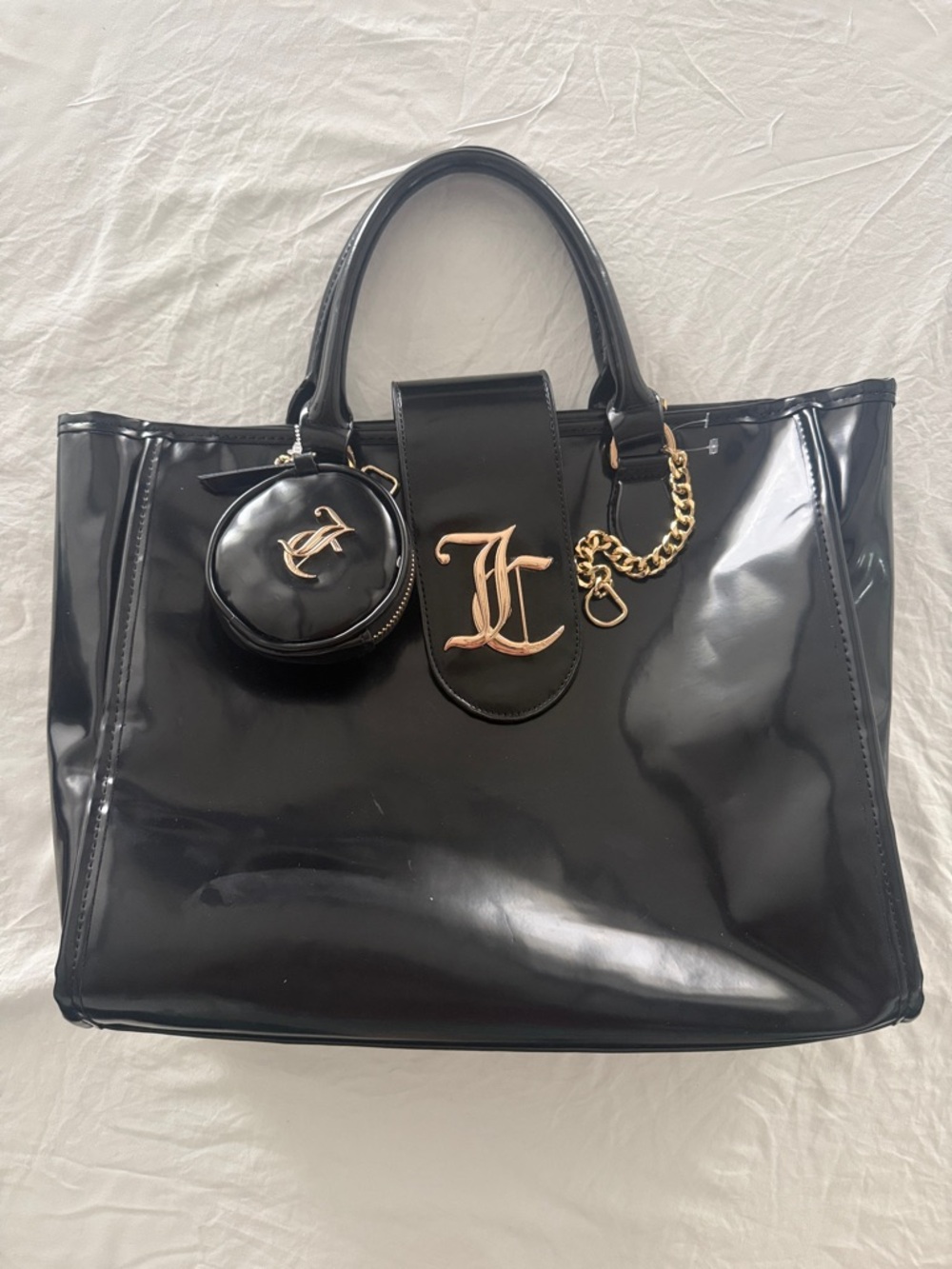 Juicy Couture Black Patent Tote with Gold Logo and Chain